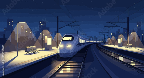 Pixel Art High-Speed Train Arriving at Station at Night with City Lights