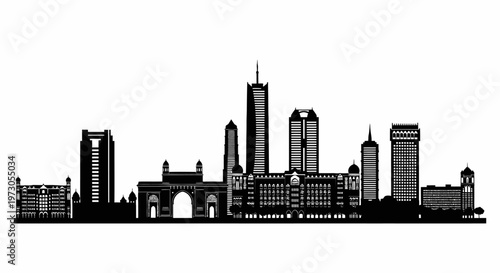 Mumbai skyline silhouette vector. Detailed black cityscape panorama isolated on white. Indian city architecture, Gateway of India, modern buildings and travel tourism concept