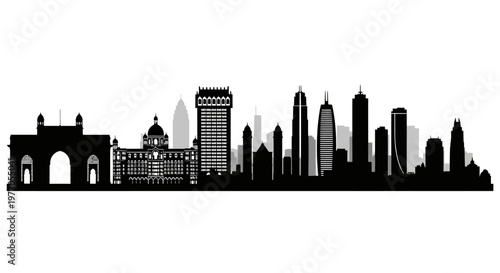 Mumbai skyline silhouette vector. Detailed black cityscape panorama isolated on white. Indian city architecture, Gateway of India, modern buildings and travel tourism concept