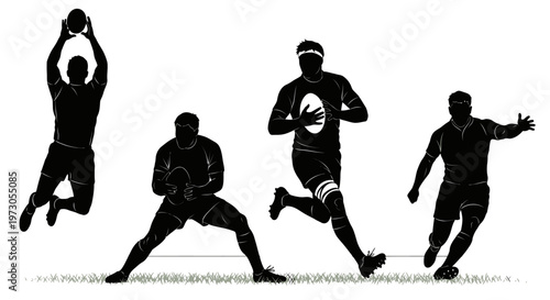 Close-up portrait of a rugby player with ball in action. Sports concept.Black silhouettes of professional rugby players in action, running, kicking ball, passing, tackling during match, isolated