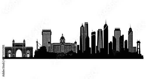 Mumbai skyline silhouette vector. Detailed black cityscape panorama isolated on white. Indian city architecture, Gateway of India, modern buildings and travel tourism concept