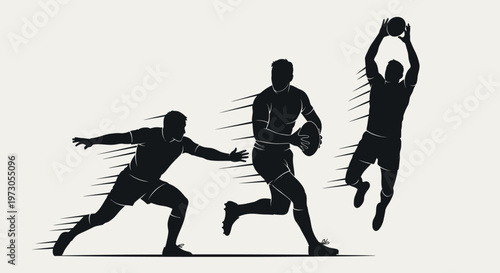 Close-up portrait of a rugby player with ball in action. Sports concept.Black silhouettes of professional rugby players in action, running, kicking ball, passing, tackling during match, isolated