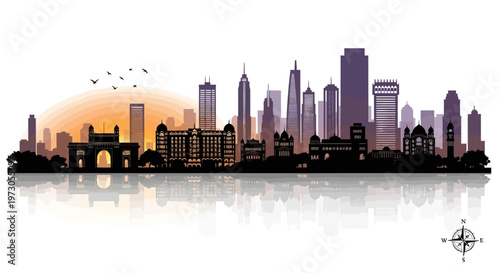 Mumbai skyline silhouette vector. Detailed black cityscape panorama isolated on white. Indian city architecture, Gateway of India, modern buildings and travel tourism concept