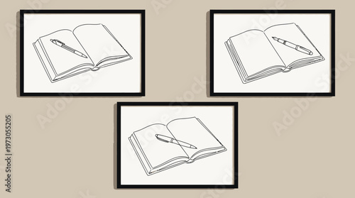 Minimalist line drawing of open book with pen, symbolizing reading, writing, studying, literacy, education, learning, knowledge, academic pursuit.