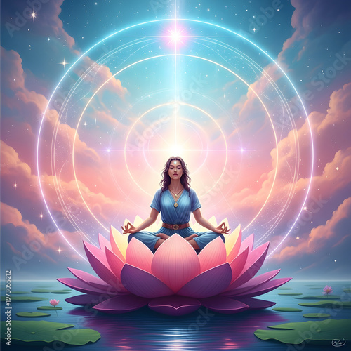 Meditating woman in lotus position with spiritual energy and glowing lotus flower.