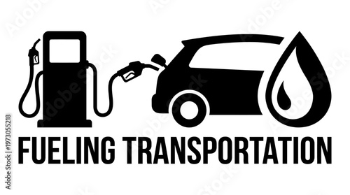 Black and white illustration of car refueling at gas pump, droplet symbol above, representing energy, transportation, fuel consumption, modern life.