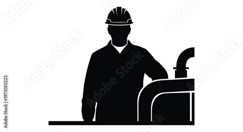 Construction worker with helmet standing near pipe black and white silhouette