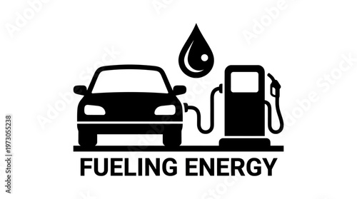 Black and white illustration of car refueling at gas pump, droplet symbol above, representing energy, transportation, fuel consumption, modern life.