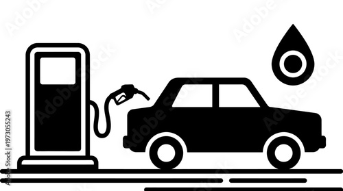 Black and white illustration of car refueling at gas pump, droplet symbol above, representing energy, transportation, fuel consumption, modern life.