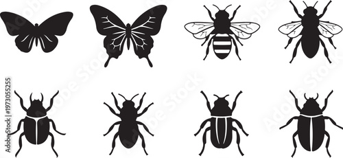 Black silhouettes of various insects on white background