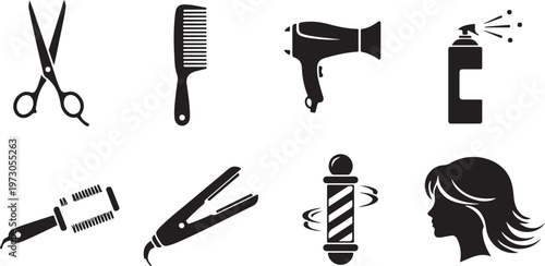 Black and white icons of hairdressing tools