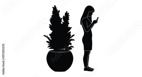 Woman using phone near plant minimalist design black and white silhouette