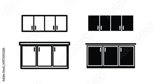 Minimalist black cabinet outlines depict kitchen storage arrangements a stark silhouette