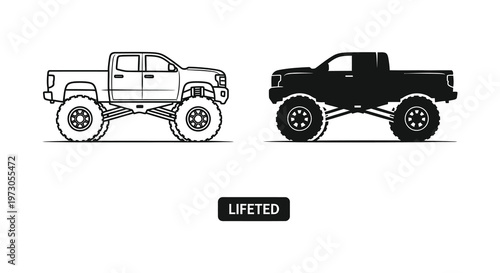 Two lifted pickup trucks one detailed and one in stark silhouette