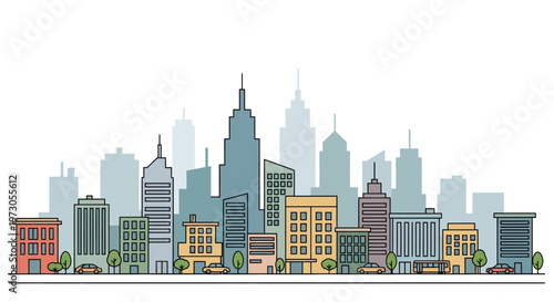 City Skyline with Colorful Buildings Downtown.