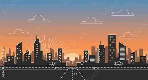 City Skyline at Sunset with Buildings.