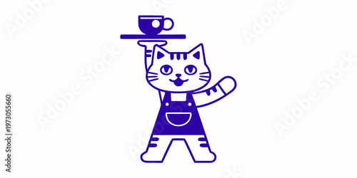 A whimsical cat waiter balancing a cup on a tray