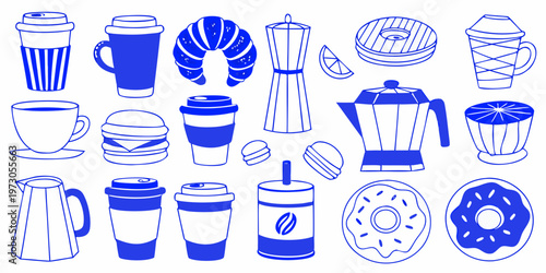 Blue line art illustration of various coffee pastries and breakfast items
