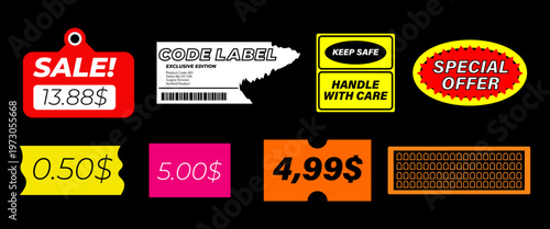 Realistic Price Tag Stickers with crumpled, torn, wrinkled effects. Assorted paper tags and labels, payment receipt, information tag, sale stickers with price. Retail packaging design. Vector set.