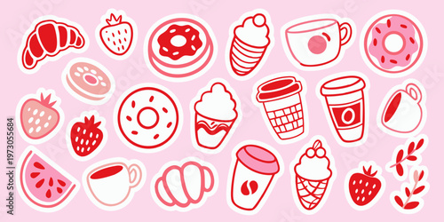 A collection of red and white illustrated desserts and fruit stickers