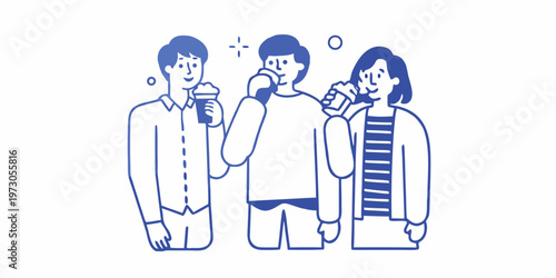 Three friends enjoying refreshments together in a simple illustrated style