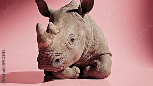 Young baby rhinoceros calf resting and sitting centered on a reflective pastel pink surface in a studio environment with dramatic lighting and a solid pink background.