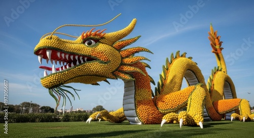 Colorful Dragon Sculpture Made of Orbs in Green Park