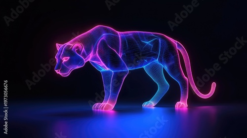 Neon Panther: Cyberpunk Wireframe Rendering with Glowing Pink and Blue Lights on Dark Background