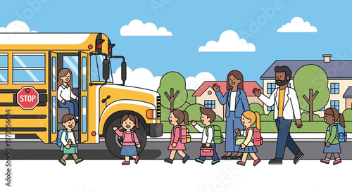Children boarding school bus with teachers and parents, back to school, education, transportation