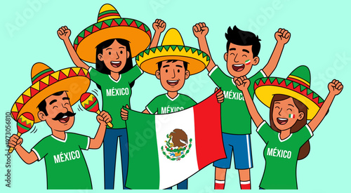 Cartoon people wearing sombreros and holding a mexican flag celebrating