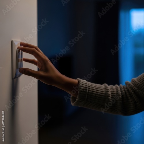 Hand Reaching to Light Switch in Dim Indoor Setting