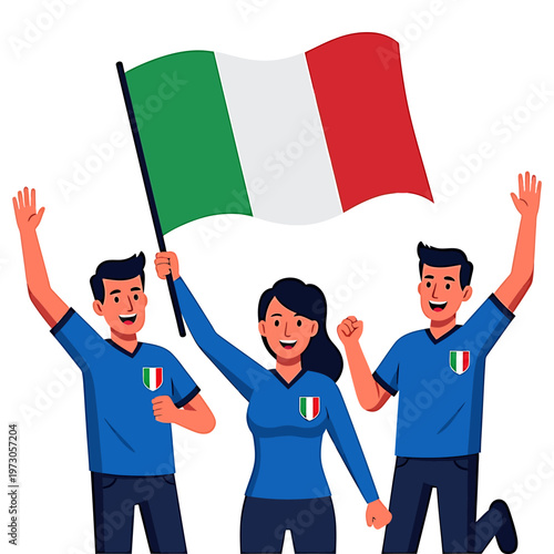 Three people waving italian flag in celebration