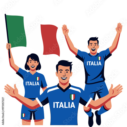 Three italian soccer fans celebrating with flags