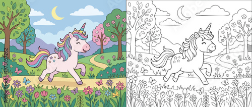 Adorable Cartoon Unicorn Running Happily Through a Magical Landscape.