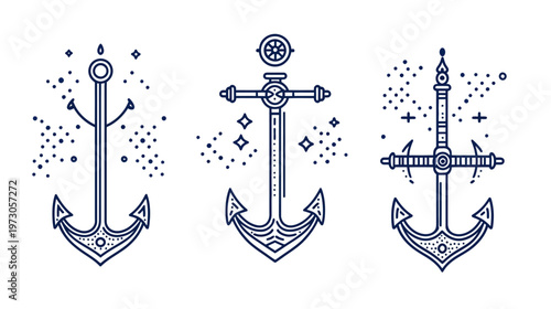 Three stylized, detailed nautical anchors of varying designs, with dotted and star-like decorations