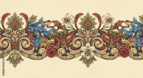Ornate, richly colored border with scrolling foliage, roses, lilies, and acanthus leaves