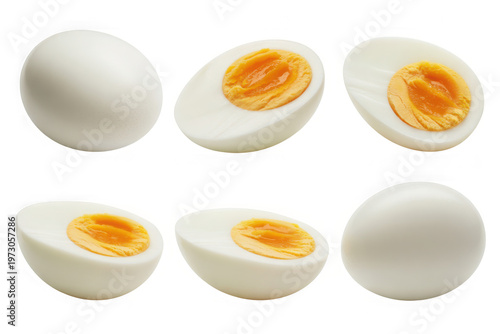 Hard Boiled Eggs Collection - Whole and Halved Organic Eggs with Golden Yolk - Isolated on White Background Transparent Background