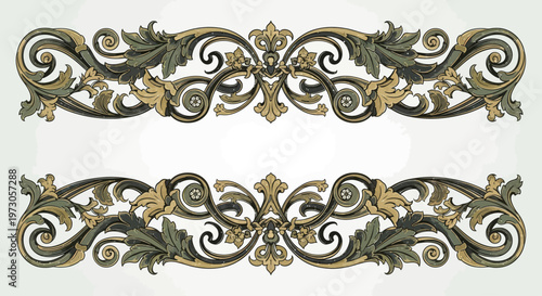 Two ornate, symmetrical baroque scroll borders in muted gold and green hues