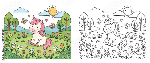 Adorable cartoon unicorn sitting happily in a vibrant meadow perfect for childrens coloring books.