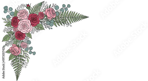 A corner bouquet of pink and deep red roses with ferns, eucalyptus, and small white buds