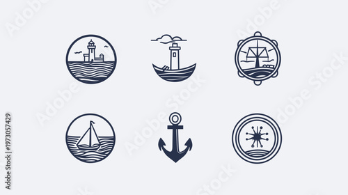 Six monochrome nautical icons lighthouses, boats, anchor, circular designs