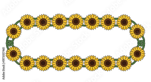 Oval border formed by sunflowers and green entwined vines