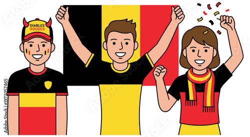 Belgian soccer fans celebrating with flag and team colors and attire
