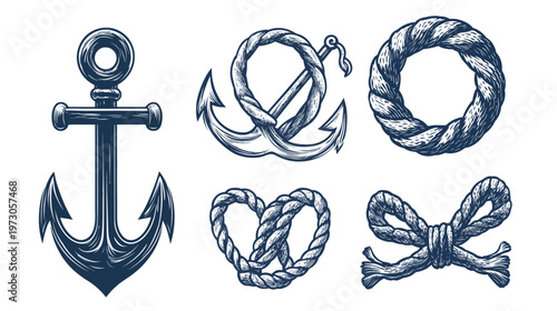 Various nautical elements, including anchors and rope designs in a vintage, hand-drawn illustration style