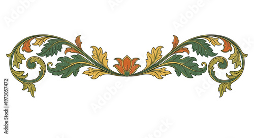 Ornate botanical flourish with central flower, scrollwork, and textured leaves