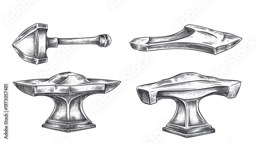 Four monochrome illustrations depicting different metal tools, including hammers and anvils