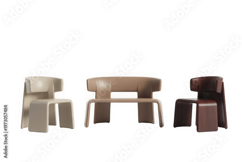 Modern Designer Chairs and Bench Set - Minimalist Furniture Collection in Neutral Tones and Wood Finish - Isolated 3D Render Transparent Background