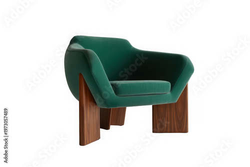 Modern Emerald Green Velvet Armchair with Walnut Wood Base - Isolated Studio Shot Transparent Background