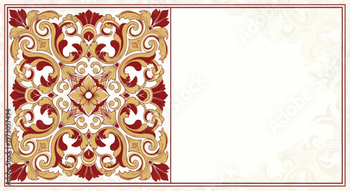 Ornate red and gold floral pattern on white background, framed by a dark border