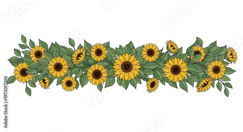 A cheerful horizontal border of sunflowers and green leaves